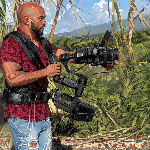 Cameraman using Thanos Pro Gimbal Vest Stabilizer System With Adapter Arm in jungle setting, capturing video with support.