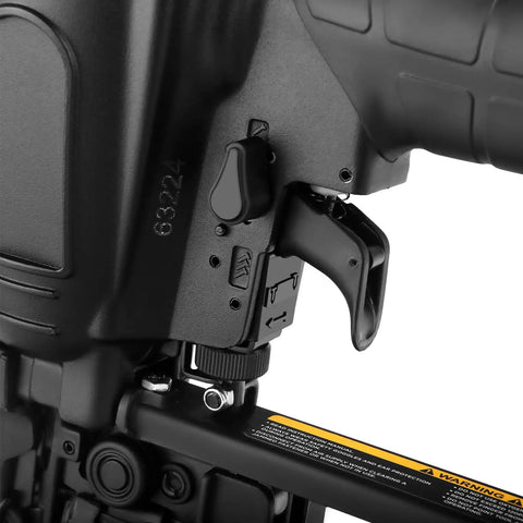Lightweight 16 Gauge Finish Nailer with Magnesium Housing for Durable Framing, adjustable control switch detail close-up