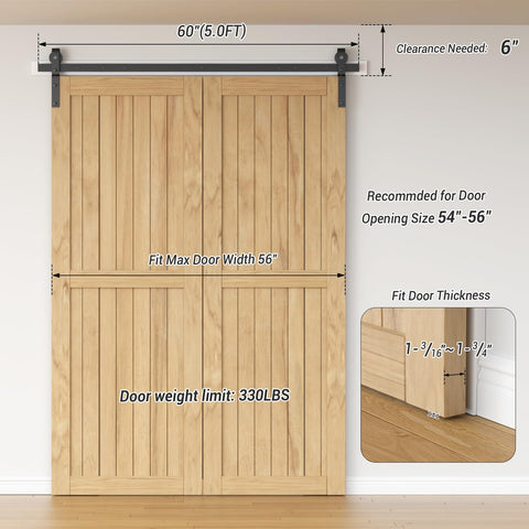 60 Inch Bi Folding Sliding Barn Door Hardware Kit With 5 Foot Beefy Heavy Duty Track And Roller System For Two 28 Inch Wide Doors Smooth Quiet Glide No Fuss Easy Install Black Finish, wooden barn doors in home interior scene, showing dimensions.