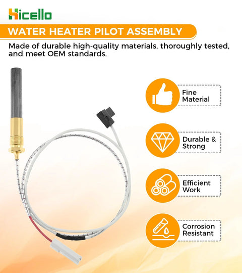 Front view of gas minivolt thermopile pilot assembly with brass fitting and white cable for water heater replacement