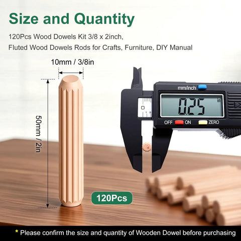 120 Piece Wood Dowel Kit 3/8 Inch By 2 Inch Fluted Dowels For Crafts Furniture And DIY Projects with caliper measurement