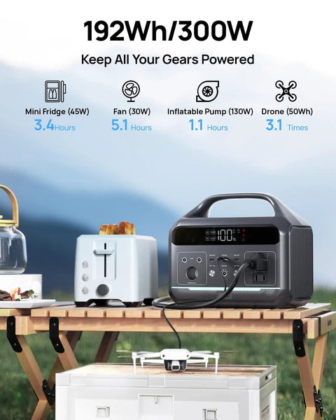 Compact 300W Portable Power Station With 192Wh LiFePO4 Battery And 110V AC Outlet on table next to appliances