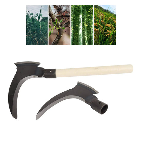 High Manganese Steel Double Scythe Handheld Garden Tool For Outdoor Mowing, Weeding, Cutting Vines, Pruning Trees, with wooden handle