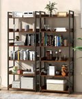 Five Tier Industrial Bookshelf With Four Hooks Built Tough Anti Tip Raised Edge Open Storage For Books Plants Decor Keeps Clutter Off The Floor And Tidy Living Space showcasing items like books, decor, and plants.