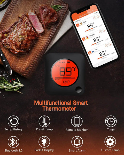 Bluetooth Meat Thermometer With Six Probes For Grill Smoker Oven And BBQ Wireless Digital Thermometer With Large LCD Display next to smartphone.