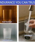 Crystal Clear Glass Adhesive demonstrating heat resistance, cold resistance, and waterproof capability with glass.