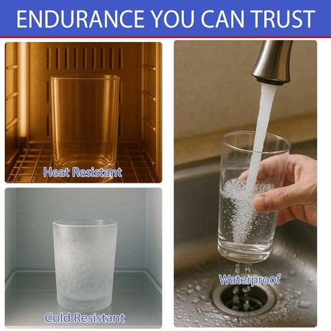 Crystal Clear Glass Adhesive demonstrating heat resistance, cold resistance, and waterproof capability with glass.