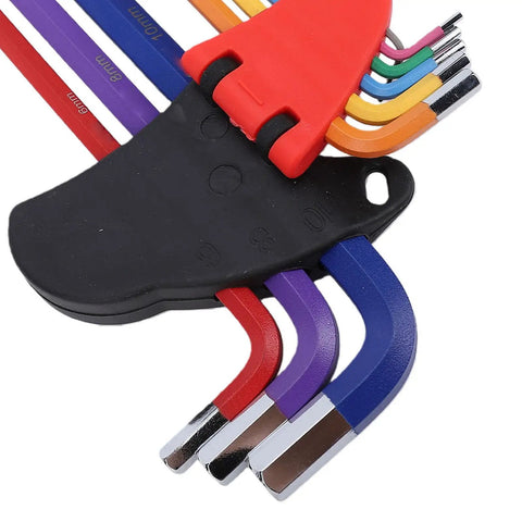 Awesome 9-Piece Colored Metric Hex Key Set With Ball End Wrenches Made From Hardened Crv And S2 Steel Perfect For Bike Repair Furniture Building And Electrical Fixes With Non Slip Grip And Super Durable Color Coded Design. 9-piece metric hex key set in holder, color coded 1.5mm-10mm