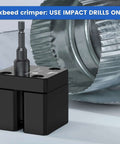 Power Assisted HVAC Crimp Tool for 30 to 24 GA round metal ducts, compatible with impact drivers, shown next to crimped duct edge
