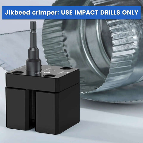 Power Assisted HVAC Crimp Tool for 30 to 24 GA round metal ducts, compatible with impact drivers, shown next to crimped duct edge