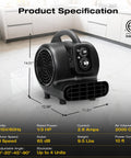 Air Mover Blower Fan 2000 CFM, One Third HP Workhorse Carpet Dryer With Timer in black, product specifications shown.