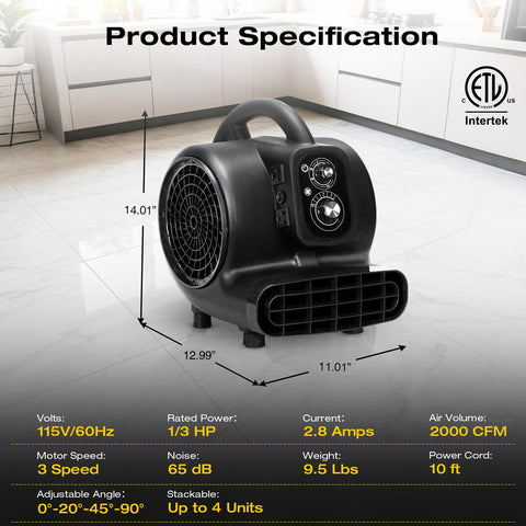 Air Mover Blower Fan 2000 CFM, One Third HP Workhorse Carpet Dryer With Timer in black, product specifications shown.