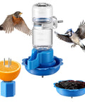 Three In One Bird Nutrition Set With Water Fountain, Fruit Spike And Jelly Tray Feeder For Outdoor Backyards in blue.