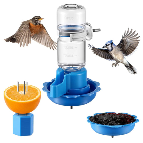 Three In One Bird Nutrition Set With Water Fountain, Fruit Spike And Jelly Tray Feeder For Outdoor Backyards in blue.