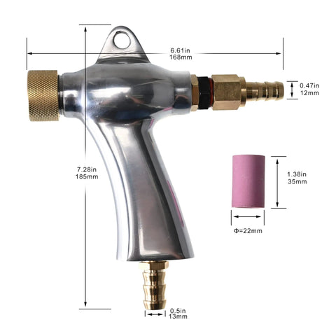 Pro Grade Sand Blaster Kit With Aluminum Alloy Body and Ceramic Nozzle, dimensions labeled