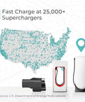 Unlock Access To Over Twenty Five Thousand Tesla Superchargers With This Hella Compatible NACS To CCS Electric Vehicle Adapter Delivering Five Hundred Amps One Thousand Volts For Serious Fast Charging On Your Next Road Trip, featuring a map and charging equipment.
