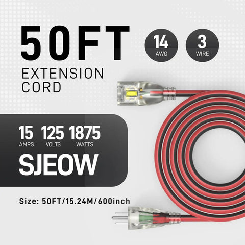 50 Foot Outdoor Extension Cord With 14 Gauge 3 Copper Wire, 15 Amp waterproof power cable with LED lighted locking plug