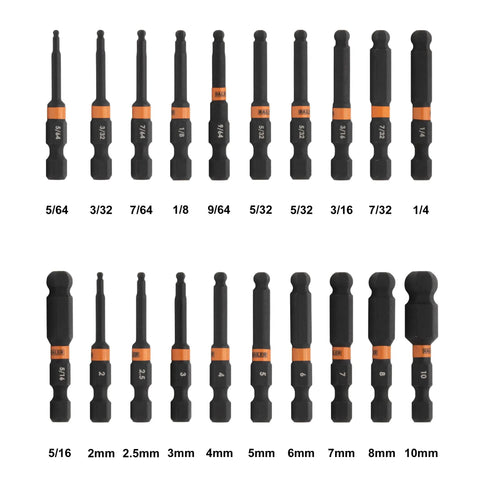 2 Inch Ball End Hex Bit Set, 20 Piece S2 Steel With Torsion Zone in assorted sizes, metric and SAE, front view