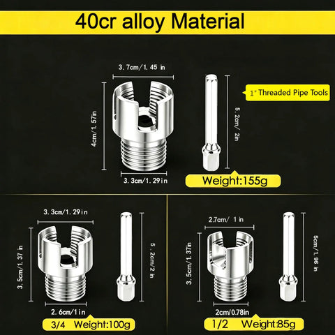 3Pc PVC Pipe Threader Kit For 1/2 Inch Up To 1 Inch Plastic Tubing showing 40cr alloy tools with measurements and weights.