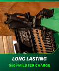 Close-up of 18V MultiVolt cordless nailer, NR1890DRA, framing wood with plastic strip nails, text '500 nails per charge' visible.