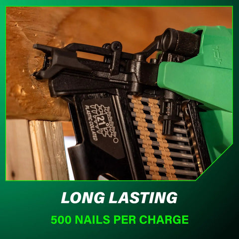 Close-up of 18V MultiVolt cordless nailer, NR1890DRA, framing wood with plastic strip nails, text '500 nails per charge' visible.