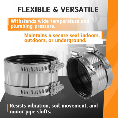 Heavy Duty 6 Inch No Hub Couplings 50 Pack 304 Stainless Steel DWV Pipe Connectors With Flexible Rubber Gaskets on display.