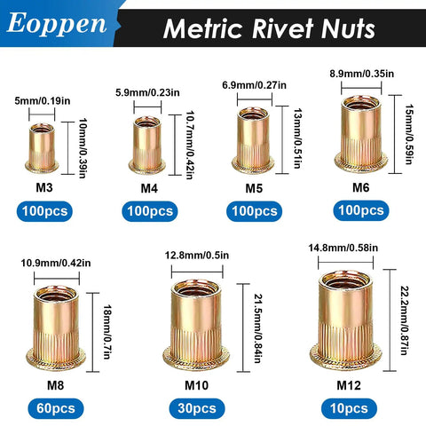 Rivet Nuts Set 1000Pcs SAE And Metric Nutserts With 14 Sizes Including M3 to M12 zinc plated carbon steel for metal repairs