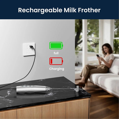 Rechargeable Milk Frother Handheld With 3 Speeds, A Real Go To For Latte Cappuccino Matcha And Egg Foams, Stainless Steel Whisks, Foam Maker, Type C Quick Charge, Easy Clean Coffee Drink Mixer on counter charging