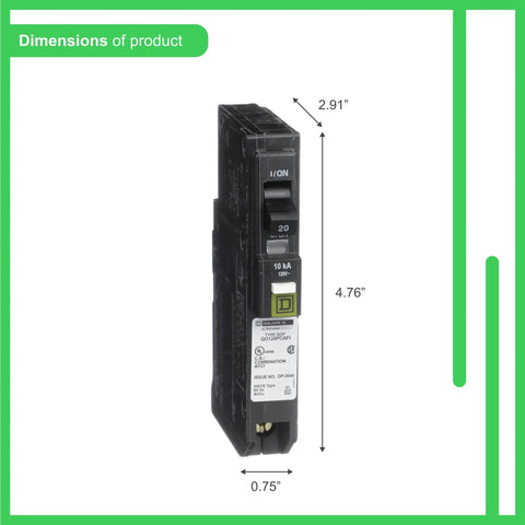 Dimensions of 20 Amp Single Pole Plug On Neutral CAFCI Circuit Breaker For 120V Systems Fast Easy Snap In With Fewer Connections 2.91 x 0.75 x 4.76 inches