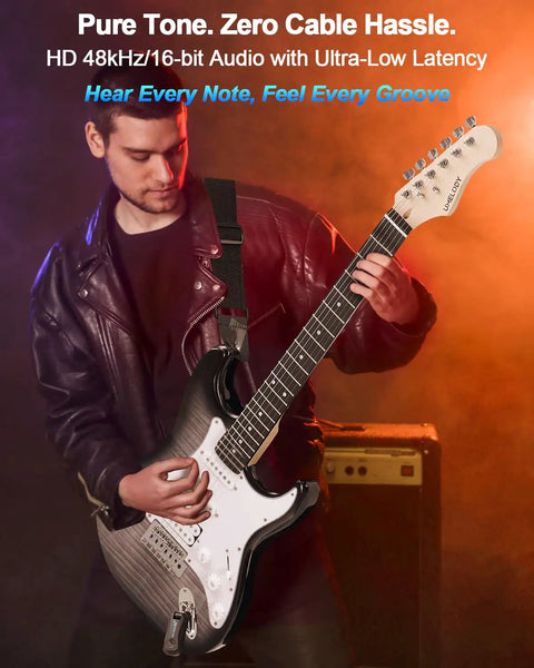A guitarist using Wireless Guitar System With Charging Case For Electric Guitar And Bass 2.4GHz Low Latency Digital Transmitter And Receiver Set Plug And Play Up To 130 Feet Range Rotatable One Quarter Inch Jack WS MINI2 on stage.