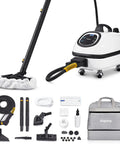 Heavy Duty Commercial Steam Cleaner With Slick Storage Bag and accessories, ideal for janitorial and hospitality jobs.