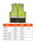 Rock Solid Class 2 High Visibility Safety Vest Featuring Hella Breathable Mesh Back And Sleek Black Front Zip Closure With Multiple Utility Pockets For Crews showing size chart and dimensions.