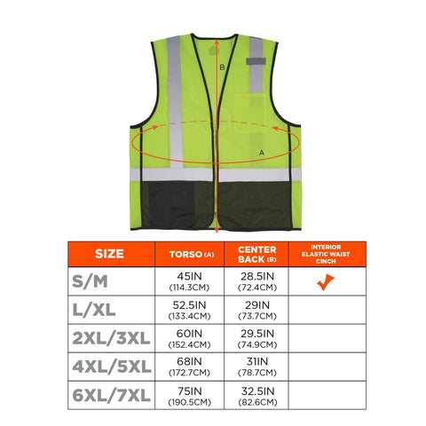 Rock Solid Class 2 High Visibility Safety Vest Featuring Hella Breathable Mesh Back And Sleek Black Front Zip Closure With Multiple Utility Pockets For Crews showing size chart and dimensions.