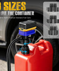 Cordless Electric Fuel Transfer Pump Battery Powered Gas Can Dispenser featuring 3 size adapters for fuel containers.