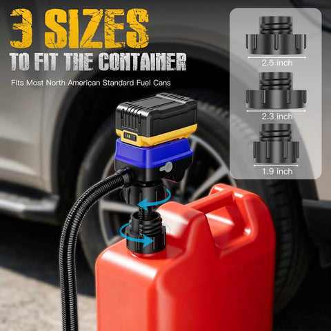 Cordless Electric Fuel Transfer Pump Battery Powered Gas Can Dispenser featuring 3 size adapters for fuel containers.
