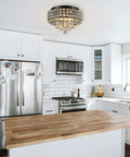 Kitchen with Dope Black K9 Crystal Flush Mount Chandelier 4 Light Ceiling Fixture With Metal Round Shade, stainless steel appliances