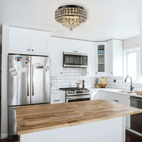 Kitchen with Dope Black K9 Crystal Flush Mount Chandelier 4 Light Ceiling Fixture With Metal Round Shade, stainless steel appliances