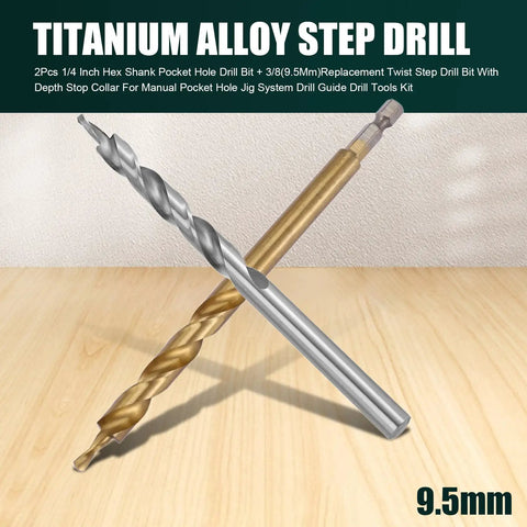 Heavy Duty 1/4 Inch Hex Shank Pocket Hole Drill Bit Plus 3/8 Replacement Step Bit With Depth Stop Collar For Jig System Master Kit, 9.5mm