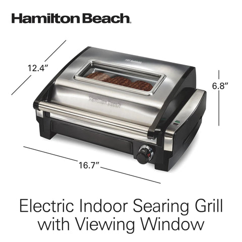 Indoor Searing Grill With Viewing Window And Adjustable Temp To 450F 118 Square Inches Cooking Surface Serves Six PFAS Free Removable Nonstick Grate Stainless Steel, side view with dimensions