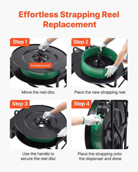 Road Ready Banding Strapping Cart For Pet And Polypropylene Coils Handles Eight Or Sixteen Inch Cores Smooth Rolling Strap Dispenser steps for replacing strapping reel.
