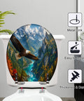Round Majestic Bald Eagle Soaring Scenic Mountain Valley Toilet Seat on a bathroom toilet with soft-close feature.