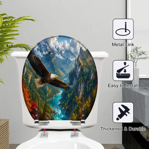 Round Majestic Bald Eagle Soaring Scenic Mountain Valley Toilet Seat on a bathroom toilet with soft-close feature.