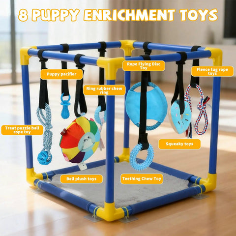 Indoor Puppy Play Gym With Hanging Toys And 8 Enrichment Toys For Small Dogs Cats And Other Pets PVC Frame Activity Center