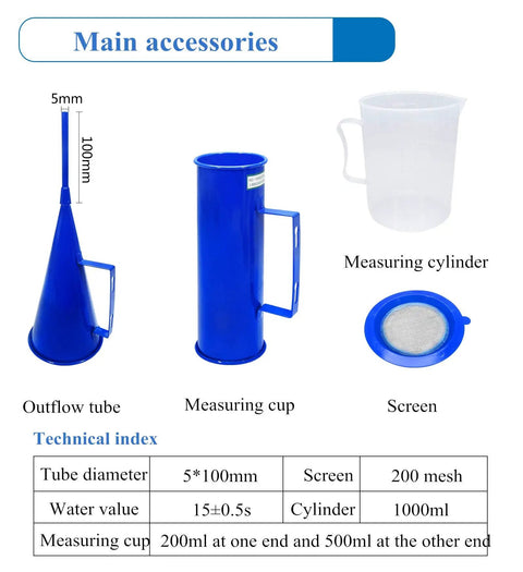 Image of Mud Testing Kit For Slurry Viscosity, Density And Sand Content, Three Piece Set accessories: outflow tube, measuring cup, screen.