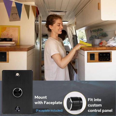 Smooth Operator 12V Rotary Light Dimmer Switch For Rv Camper Van Boat Trailer featuring aluminum control panel in a cozy van interior.