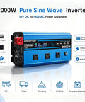 Road Trip Ready 2000 Watt Pure Sine Wave Inverter With 4000 Peak DC 12V To 110V AC Converter LCD Panel side view with USB and AC outlets.