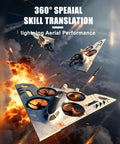 Triple Threat RC Drone For Land Sea And Air With 360 Flip And Three Driving Modes Collision Protection Foam Toy For Boys And Girls Remote Control Bomber Plane With Lit Lights Silver in flight amidst explosions