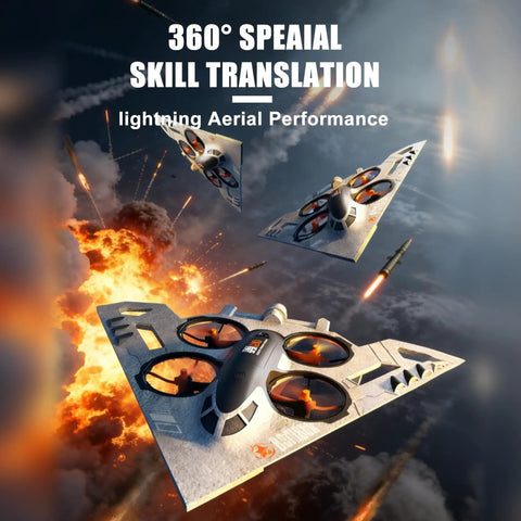 Triple Threat RC Drone For Land Sea And Air With 360 Flip And Three Driving Modes Collision Protection Foam Toy For Boys And Girls Remote Control Bomber Plane With Lit Lights Silver in flight amidst explosions