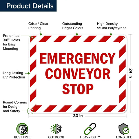 Rock Solid Emergency Conveyor Stop Sign, 24X30 Inch Heavy Duty Industrial Warning Plaque with vivid colors and round corners