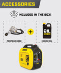 2500 Watt Dual Fuel Portable Inverter Generator with hose and oil accessories